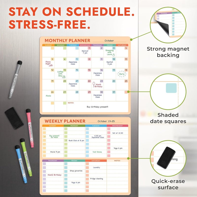 Beech & Lambert Magnetic Whiteboard Calendar for Fridge – 2-Pack Monthly & Weekly Planners (14”x12”) – Dry Erase Boards with Notes Section, Shaded Dates – Includes 4 Markers & Magnetic Eraser - Image 3